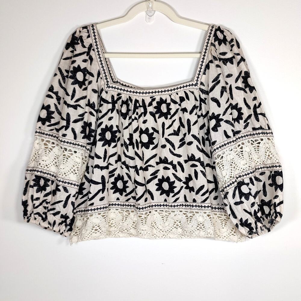 Christian Siriano Linen Blend Boho Peasant Top L Square Neck Lace